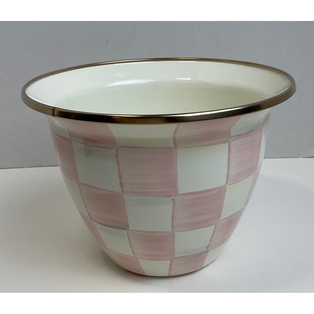 MacKenzie-Childs Rosy Check Large Flower Pot Pink White Enamel Planter 89294-740